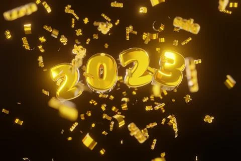 3d render. Golden numbers 2023 fly out with inscriptions sale on a black back Stock Illustration