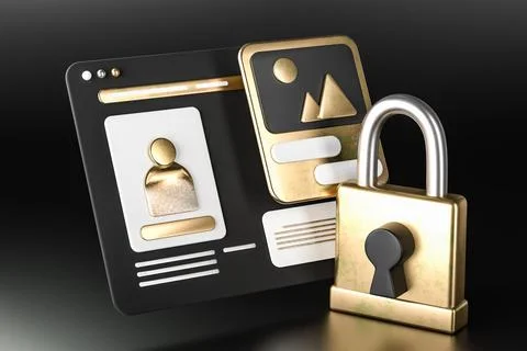 3D render of golden padlock and identity card web security 스톡 일러스트