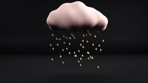 3d render of golden rain going from pink cloud flying in black interior Illustrazione stock