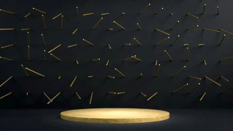 3d render of golden round stage, pedestal or podium in black studio with golden Illustrazione stock