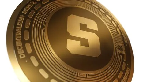 3D Render Golden Sandbox SAND Cryptocurrency Coin Symbol Close up View Illustrazione stock
