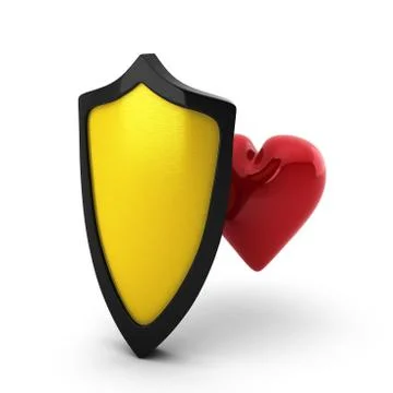 3d render of golden shield and red heart behind Stock Illustration