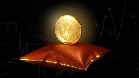 3D render of a golden shining bitcoin on a luxury red pillow with a chart in the 스톡 일러스트
