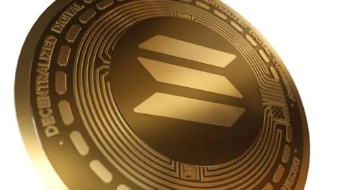 3D Render Golden Solana SOL Cryptocurrency Close up View Ilustração Stock