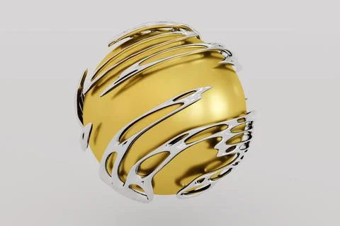 3D Render Golden sphere and cover metal silver alien shapes on white backgrou Stock Illustration