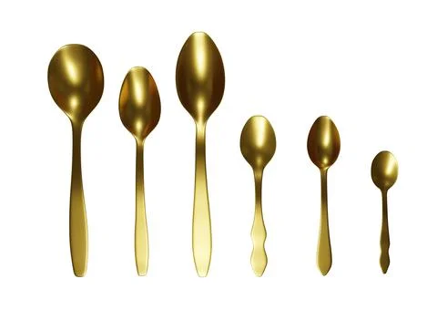 3d render. golden spoons of various sizes and purposes on a wooden table. kit Illustrazione stock