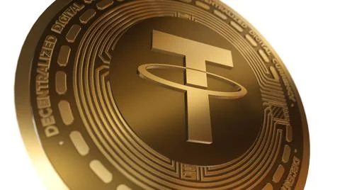 3D Render Golden Tether USDT Cryptocurrency Close up View Illustrazione stock