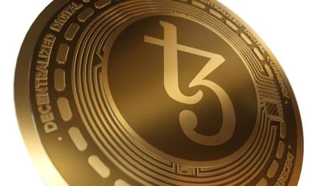 3D Render Golden Tezos XTZ Cryptocurrency Coin Symbol Close up View Illustrazione stock