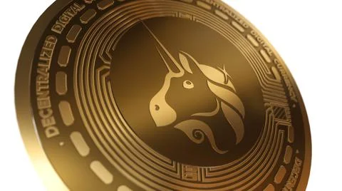 3D Render Golden Uniswap UNI Cryptocurrency Close up View Stock Illustration