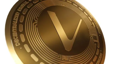 3D Render Golden VeChain VET Cryptocurrency Close up View Illustrazione stock