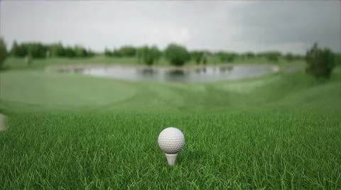 3d render golf ball with a club on the field side view Stockillustratie