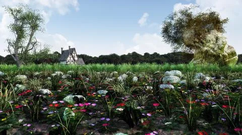 A 3D render of a gorgeous fantasy environment with a field of colorful flower Stock Illustration