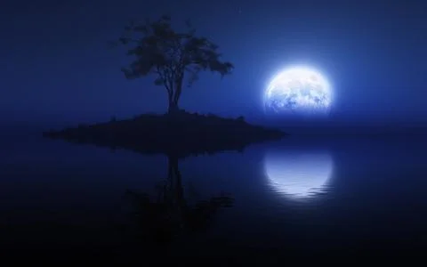 A 3D render of a gorgeous otherworldly scene at night with a calm sea reflect Stock Illustration