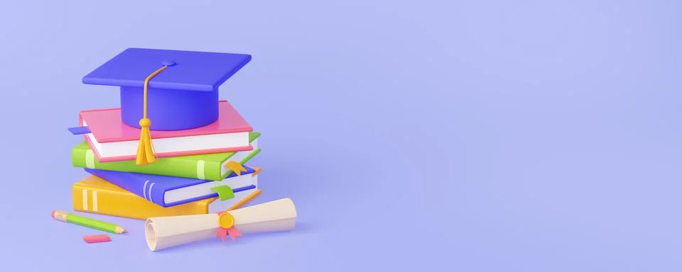 3D render of graduation cap, books and diploma 스톡 일러스트