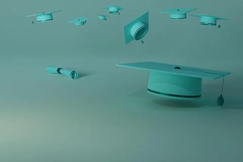 3d render of graduation caps and diploma on pastel blue background イラスト素材
