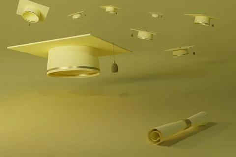 3d render of graduation caps and diploma on pastel yellow background Stock Illustration