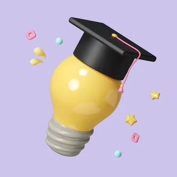 3d render graduation hat on light bulb. learning school and knowledge Stock Illustration