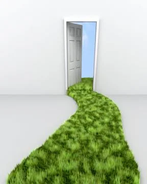 3d render of grass path leading to doorway to the clouds 스톡 일러스트