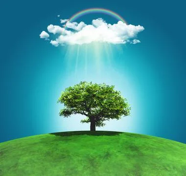 3D render of a grassy landscape with a tree, rainbow and raincloud Stock Photos