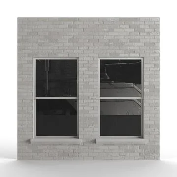3D render of a gray brick building tile with a window isolated on the white back Illustrazione stock