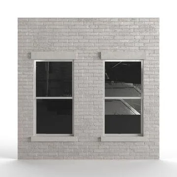 3D render of a gray brick building tile with a window isolated on the white back Ilustración de archivo