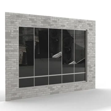 3D render of a gray brick building tile with a window isolated on the white back Ilustración de archivo
