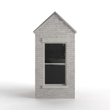 3D render of a gray brick building tile with a window isolated on the white back Ilustración de archivo