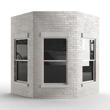 3D render of a gray brick building tile with a window isolated on the white back Ilustración de archivo