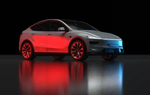 3D Render of a gray colored modern electric car, slight right front view un.. Stock Illustration