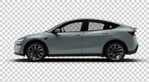 3D Render of a gray colored modern electric car, full left side view, trans.. Stock Illustration