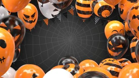 3d render Gray gradient background of halloween balloons hanging flags on a rope Stock Illustration