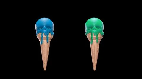 3d render Green and blue Melting ice cream in the form of a skull on a black Stock-Illustration