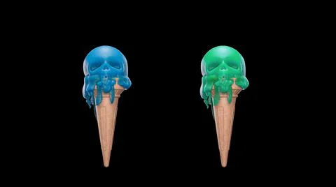 3d render Green and blue Melting ice cream in the form of a skull on a black Illustrazione stock