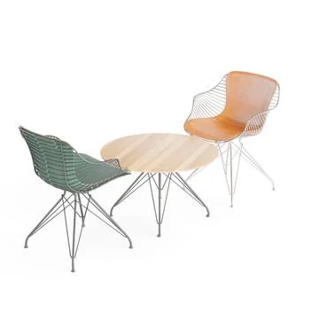 3D render of green and orange chairs with a wooden table Foto stock