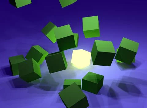 A 3D render of green cubes floating around a single glowing white cube on a b Illustrazione stock