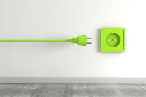 A 3D render of a green electrical plug near a socket- eco, green energy, envi Stock Illustration
