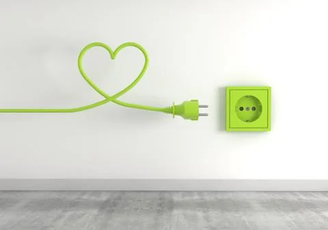 A 3D render of a green electrical plug forming a heart near a socket- eco, gr Stock Illustration