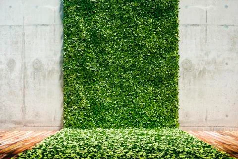 3d render of green fresh vertical garden and concrete wall Illustrazione stock