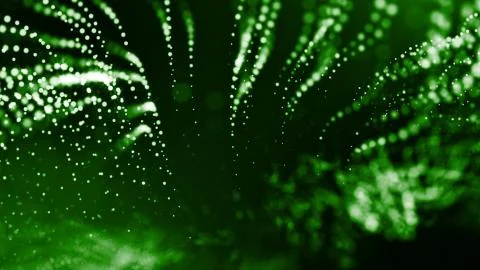 3d render of green glow particles in air as science fiction of microcosm or Illustrazione stock