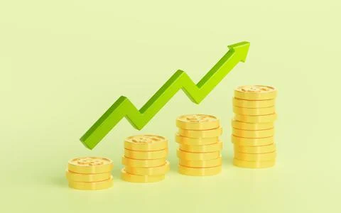 3d render with green grow arrow and coin stacks Ilustração Stock