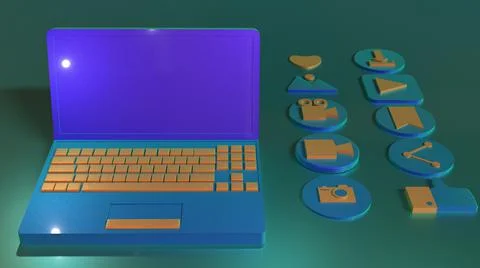 3D Render, green laptops, social media with online icons Stock Illustration