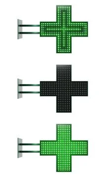 3D render of green LED pharmacy cross sign in three states Stock Illustration