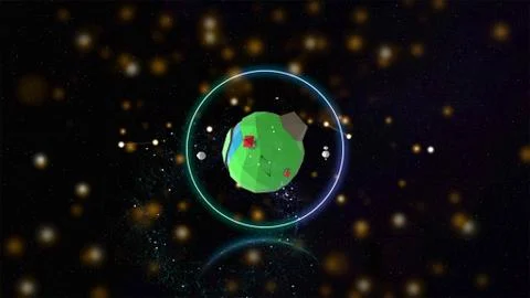 3d render. Green low-poly cartoon planet with light ring around, floating Illustrazione stock