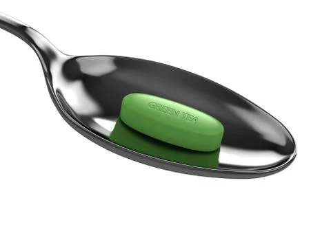 3d render of green tea pill on spoon Stock Illustration