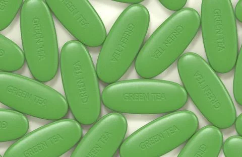 3d render of green tea pills Illustrazione stock