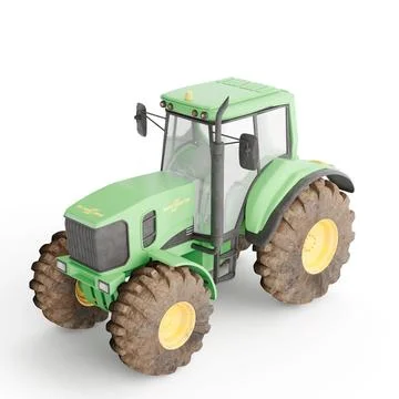 3D render of a green tractor standing on a white background Stock Photos