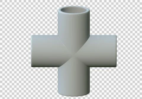 3D render of grey 4-way cross PVC pipe fitting for plumbing and DIY Stock Illustration
