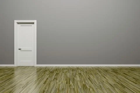 3D render of a grey wall and a door in an empty flat with space for your content Stockillustratie