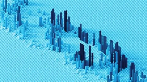 3d render of grid of blocks with pushing up details. Complex digital and anal Stock Illustration