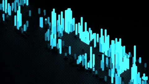 3d render of grid of blocks with pushing up bright details. Complex digital a Stock Illustration